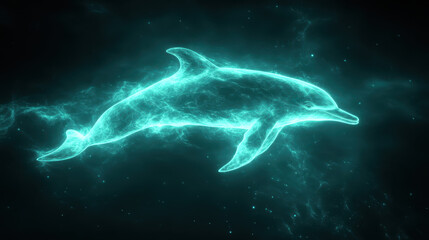 Fototapeta premium glowing dolphin swimming gracefully through cosmic space, surrounded by ethereal light and energy, creating mesmerizing and tranquil atmosphere