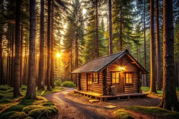 Warmly lit wooden cabin nestled among the trees in a forest clearing, rustic cabin, foliage, tree branches, cozy interior