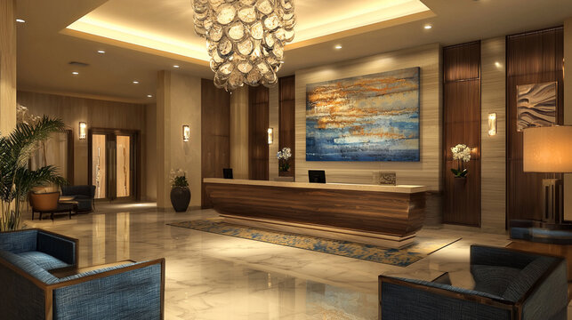 A luxurious hotel lobby featuring plush seating
