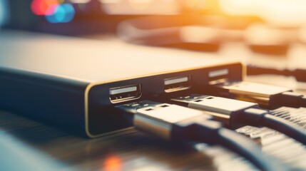 Close-up of a sleek USB hub with multiple ports, connected to various devices, set against a blurred background of electronic gadgets. The USB hub is illuminated by soft, natural light.