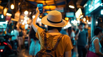 View of traveller asian woman taking a selfie in a bustling street market with hat and backpack. Famous destination background travel in Bangkok, Thailand.