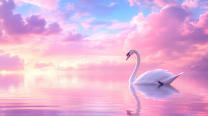 Obraz premium serene swan glides gracefully across tranquil lake, surrounded by soft pink and purple clouds reflecting on waters surface. peaceful scene evokes sense of calm and beauty