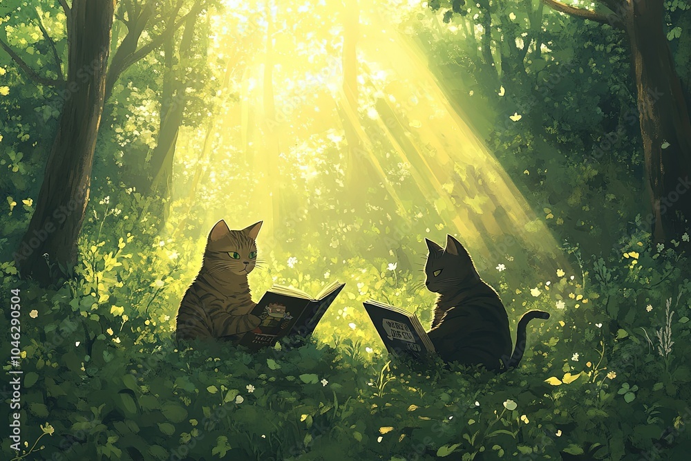 Poster two cats sitting in the grass reading a book