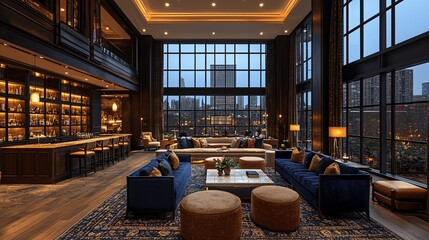 Modern Hotel Lobby Interior with City View Luxury Furniture and Bar