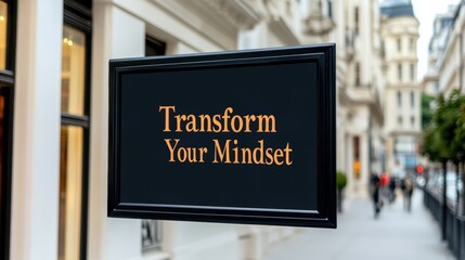 Transform Your Mindset: A bold, minimalist sign with the words "Transform Your Mindset" in a stylish gold font, set against a black background, invites reflection and change.