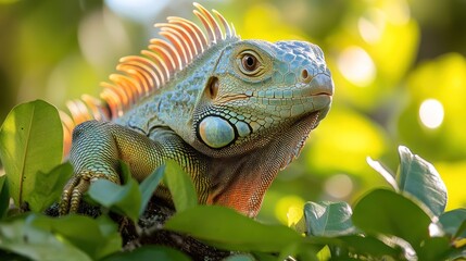 Obraz premium A close-up of a vibrant iguana perched among green leaves.