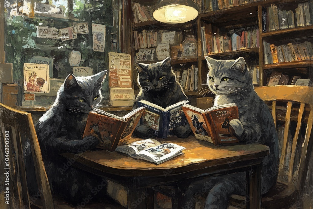 Canvas Prints three cats sitting at a table reading books