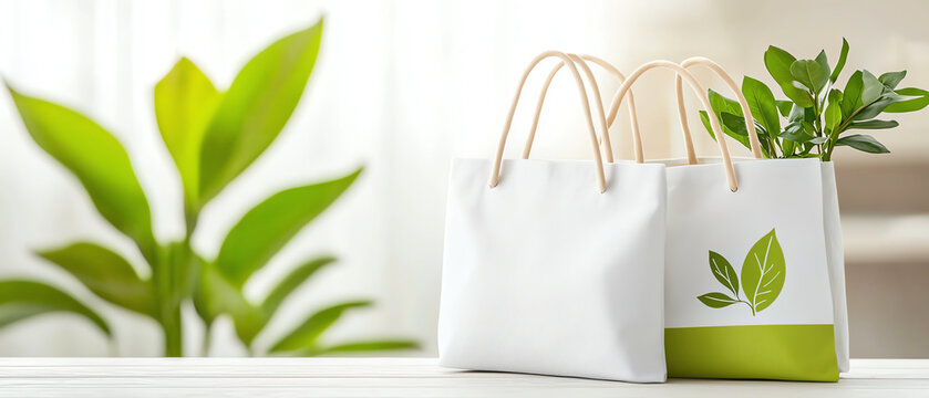 Closeup view of eco-friendly reusable shopping bags featuring green monda design with natural elements for sustainable living