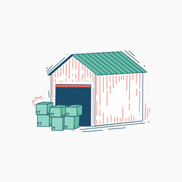 recommend clip art: A cartoon illustration of a warehouse with boxes stacked outside
