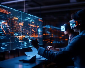 A futuristic office where employees use AIdriven assistants, augmented reality tools, and holographic displays for collaborative work