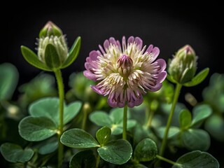 Close-up photo of clover flowers taken in the garden next to the house
