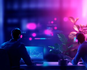 A group of digital professionals collaborating with AI assistants, holographic screens, and virtual reality tools in a futuristic office space