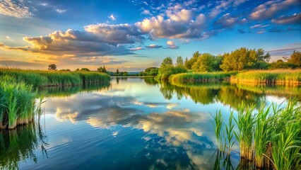 Obraz premium Serene Reflection of Golden Clouds in a Tranquil Lake Surrounded by Lush Green Trees and Reeds