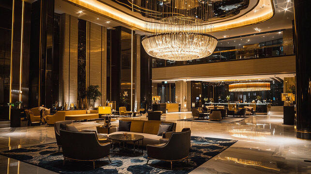 A luxurious hotel lobby with a large chandelier 