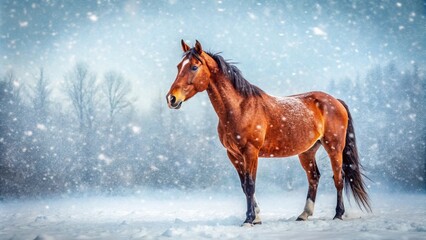 Winter scene of red bay horse in heavy snowfall