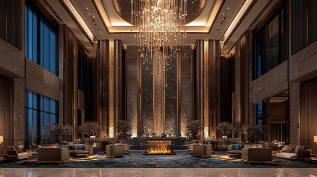 A luxurious hotel lobby with a large chandelier 