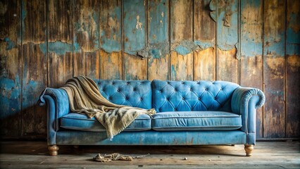 A faded blue sofa sits before a weathered wooden wall, the blanket draped over its arm suggesting a moment of quiet reflection.