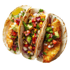 Crispy Fish Tacos with Fresh Toppings, a vibrant dish showcasing golden fish, zesty toppings, and a colorful presentation on a clean background.