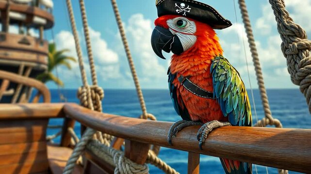 A parrot wearing a pirate hat sits on the railing of a ship, looking out at the blue ocean