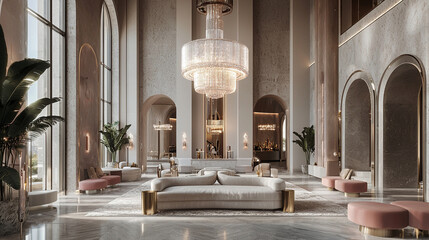 Fototapeta premium A luxurious hotel lobby with a large chandelier 
