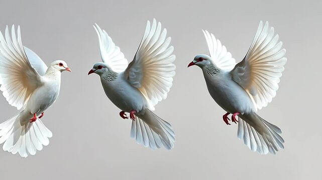 Three white doves fly in formation against a plain background