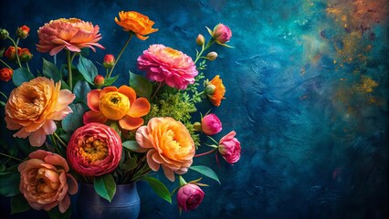 Fototapeta premium A vibrant still life with a blue backdrop featuring a bouquet of delicate blooms in hues of peach, yellow, and pink, showcasing the beauty of nature's artistry.