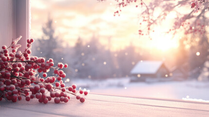 serene winter scene featuring snowy landscape with soft sunset glow. Red berries adorn window sill, creating cozy atmosphere as snowflakes gently fall
