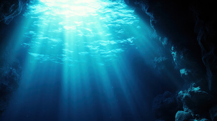 Obraz premium Beneath surface, sunlight filters through water, creating serene underwater scene filled with tranquility and beauty. deep blue hues evoke sense of calm and wonder