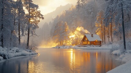 Fototapeta premium Cozy Cabin by a Snowy River at Golden Hour