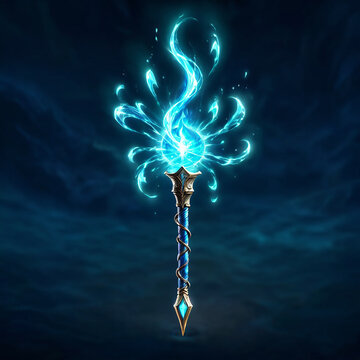A detailed illustration of a magical staff with a blue flame emanating from the top. The staff is adorned with golden accents and a large blue crystal at the tip.