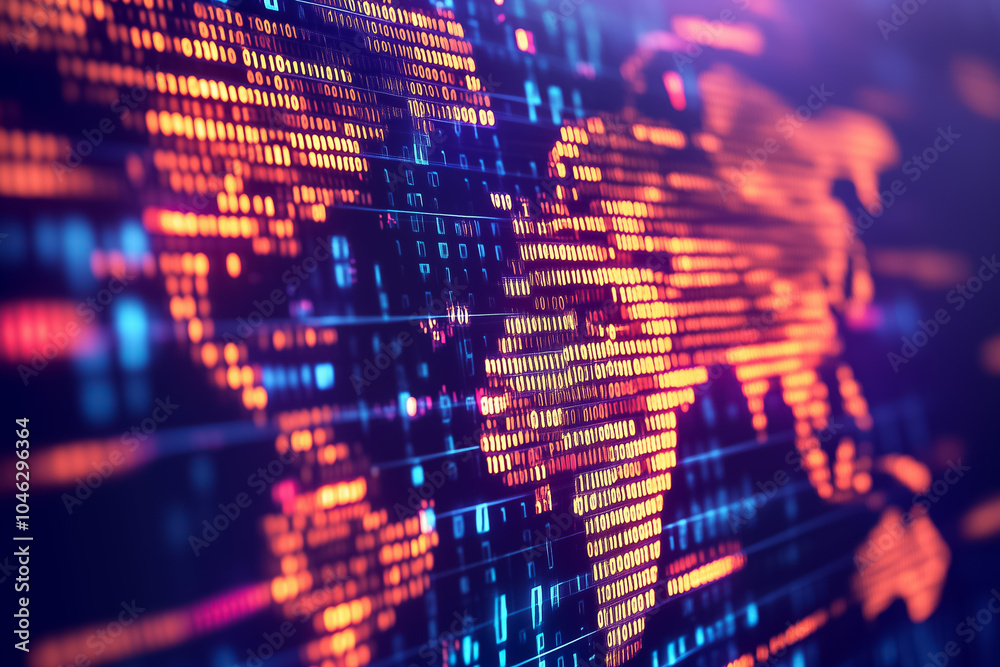 Poster a colorful representation of a world map made from binary code, illustrating the theme of technologi