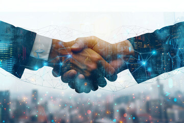 A Conceptual Image Blending the Theme of Business Handshake with Digital Elements and Cityscape