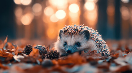Obraz premium hedgehog resting among autumn leaves and pine cones, surrounded by warm, blurred background of trees. scene evokes sense of tranquility and connection with nature