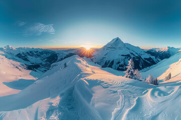 Naklejka premium A breathtaking panoramic view of a snowy mountain landscape at sunrise, with gentle slopes and a glowing sky