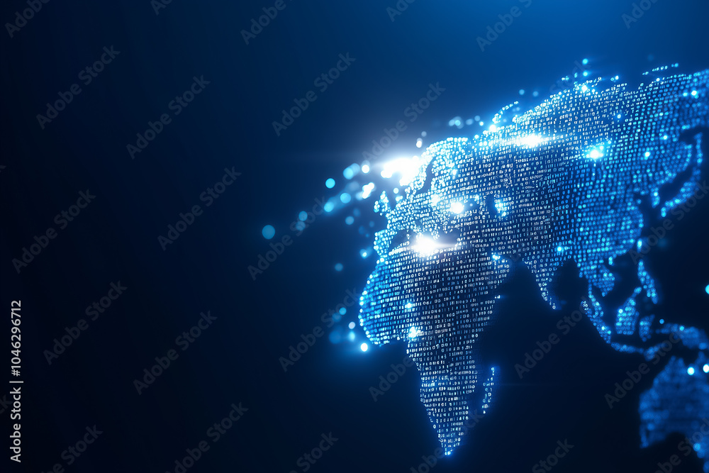 Poster a glowing binary code world map showcases global digital connectivity and tech progress
