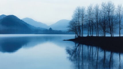 serene landscape featuring calm lake surrounded by mountains and trees, reflecting tranquil blue hue. peaceful atmosphere evokes sense of calm and solitude
