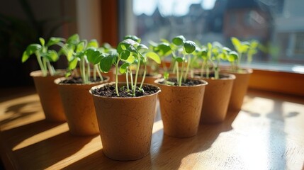 Fototapeta premium Sprouting Herbs in Biodegradable Plant Pots