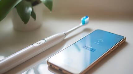 An electric toothbrush with an open health app on a smartphone