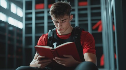 Student in locker room reading a book