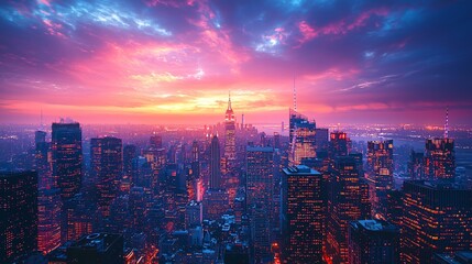 Obraz premium Stunning Skyline Panorama at Sunset with Pink and Blue Sky