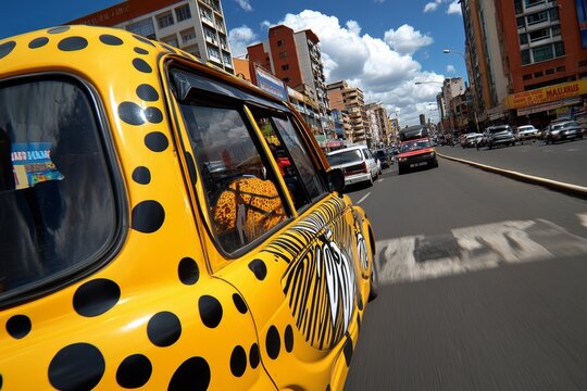A crowded minibus (matatu) speeding through the streets of Nairobi, capturing the vibrant, fast-paced nature of public transit in Kenya
