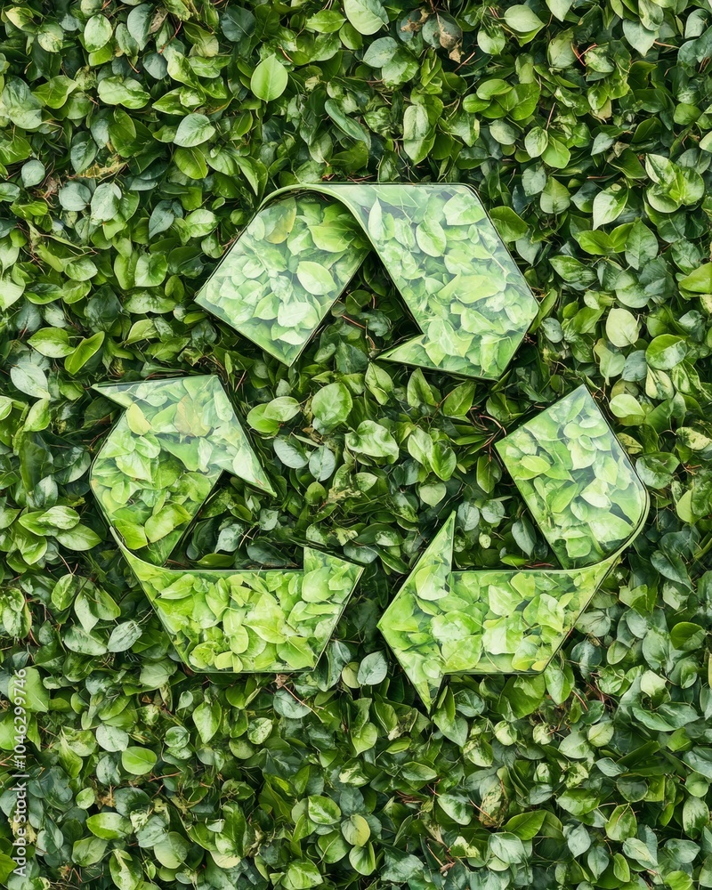 Poster Geometric Aerial View of Leaf-Filled Recycling Symbols Creating a Symmetrical Green Pattern