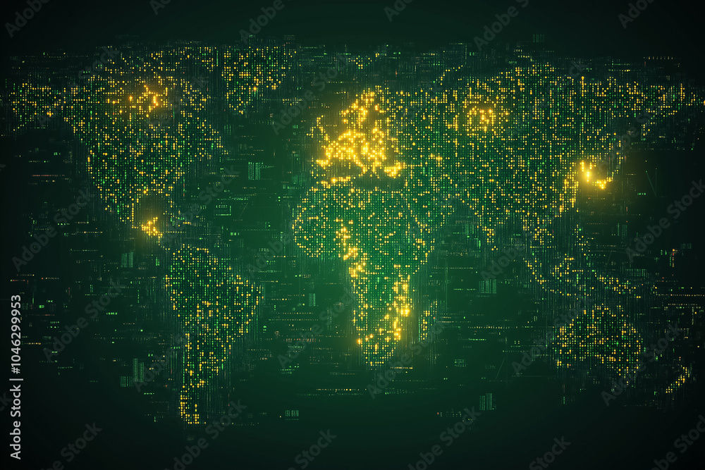 Poster A glowing binary code world map representing global digital connections and technology