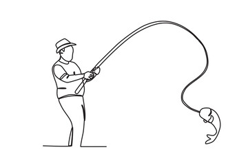 Continuous one line drawing of The man who was fishing caught a fish