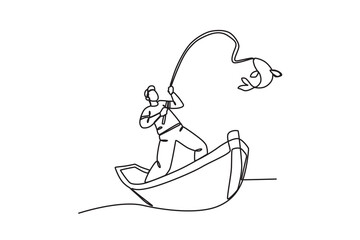 Continuous one line drawing of Man fishing on a boat
