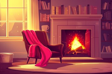 Fototapeta premium Reading Nook by a Fireplace with a Blanket Draped Over the Chair, Generative AI