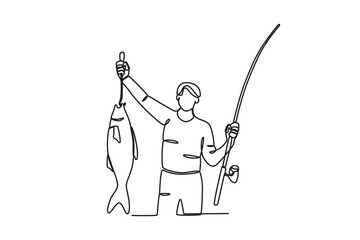 Continuous one line drawing of The man who was fishing caught a fish