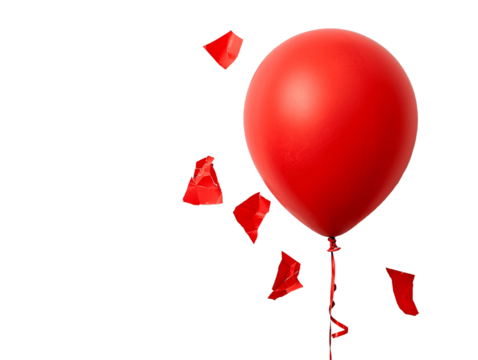 Vibrant red balloon against a black background with torn pieces of red paper creating a festive atmosphere of celebration and joy