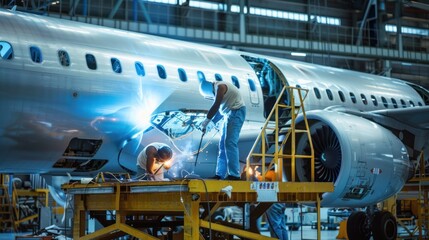 airplane factory background, workers are welding an airplane.
