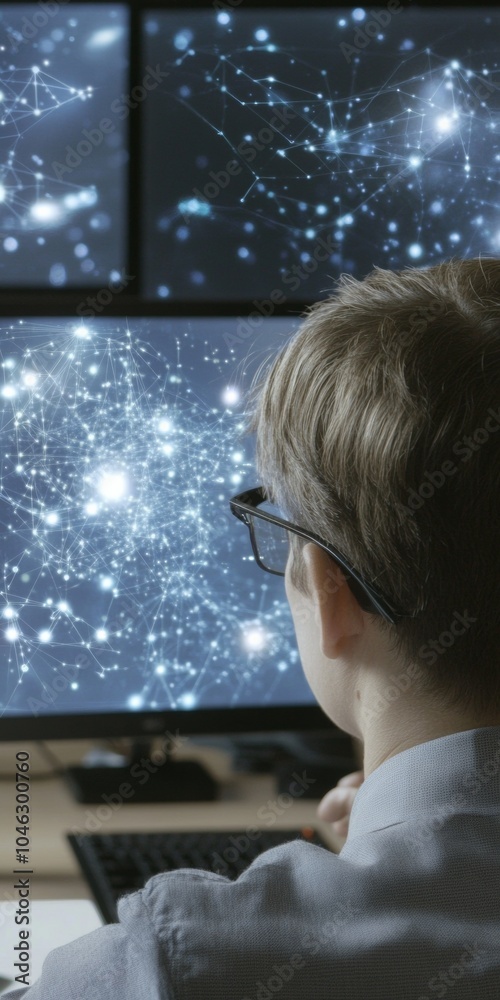 Poster modern professional analyzing star charts on computer monitors in a contemporary office setting